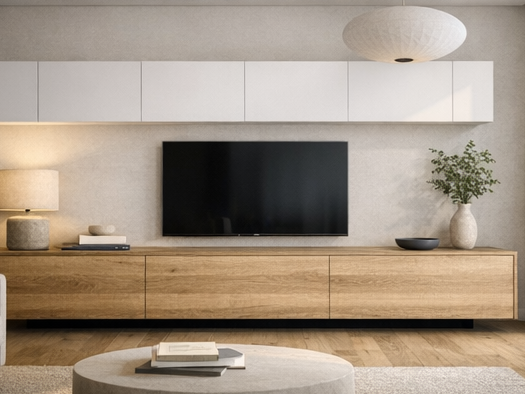 Modernes Wohnzimmer mit Mußdorf Stilmodul TV Modernes Wohnzimmer mit Mußdorf Stilmodul TV-Lowboard in Holzoptik und schwebenden weißen Oberschränken