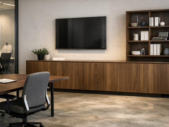 Business & Office Möbel Modernes Konferenzzimmer mit dunklem Holztisch und langer Mußdorf Stilmodul Sideboard-Wand in Holzoptik mit Fernseher